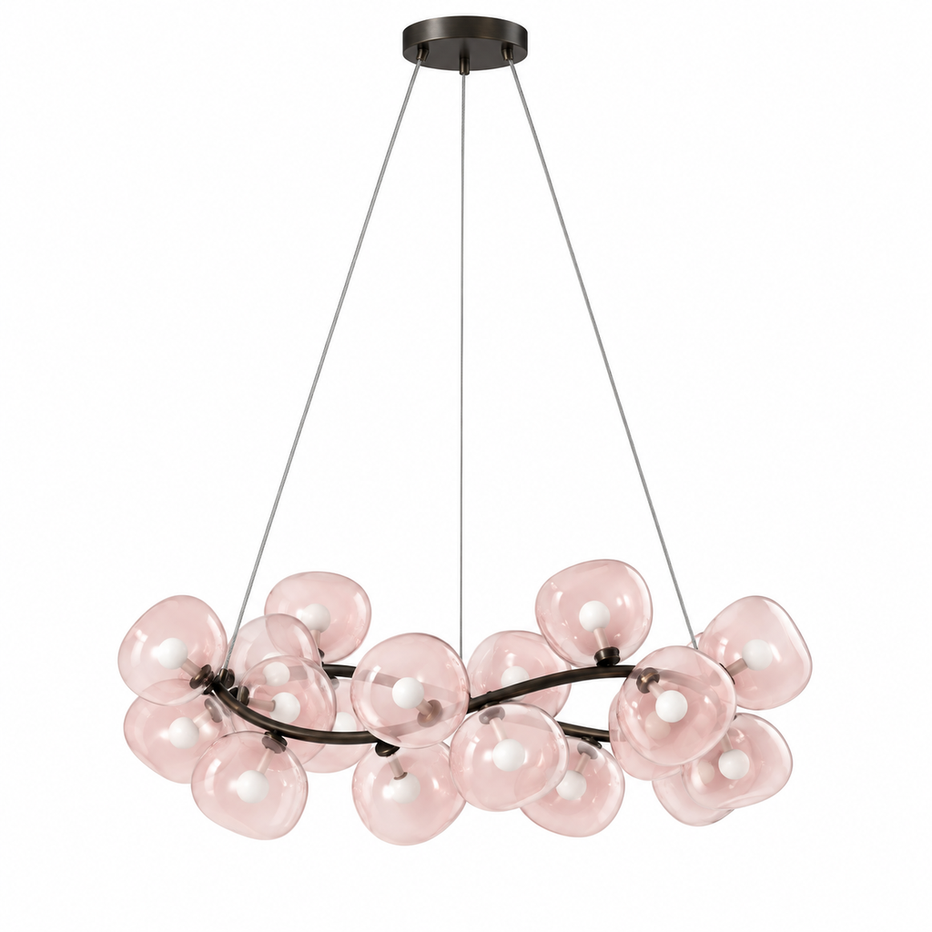 Clairenne 22-light ring chandelier with Blush glass and Blackened Brass on a white background