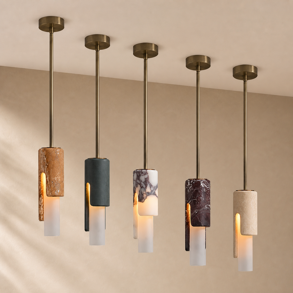 Modern Slim Stone Cylinder Pendant Light in five finish options, installed against a warm beige ceiling