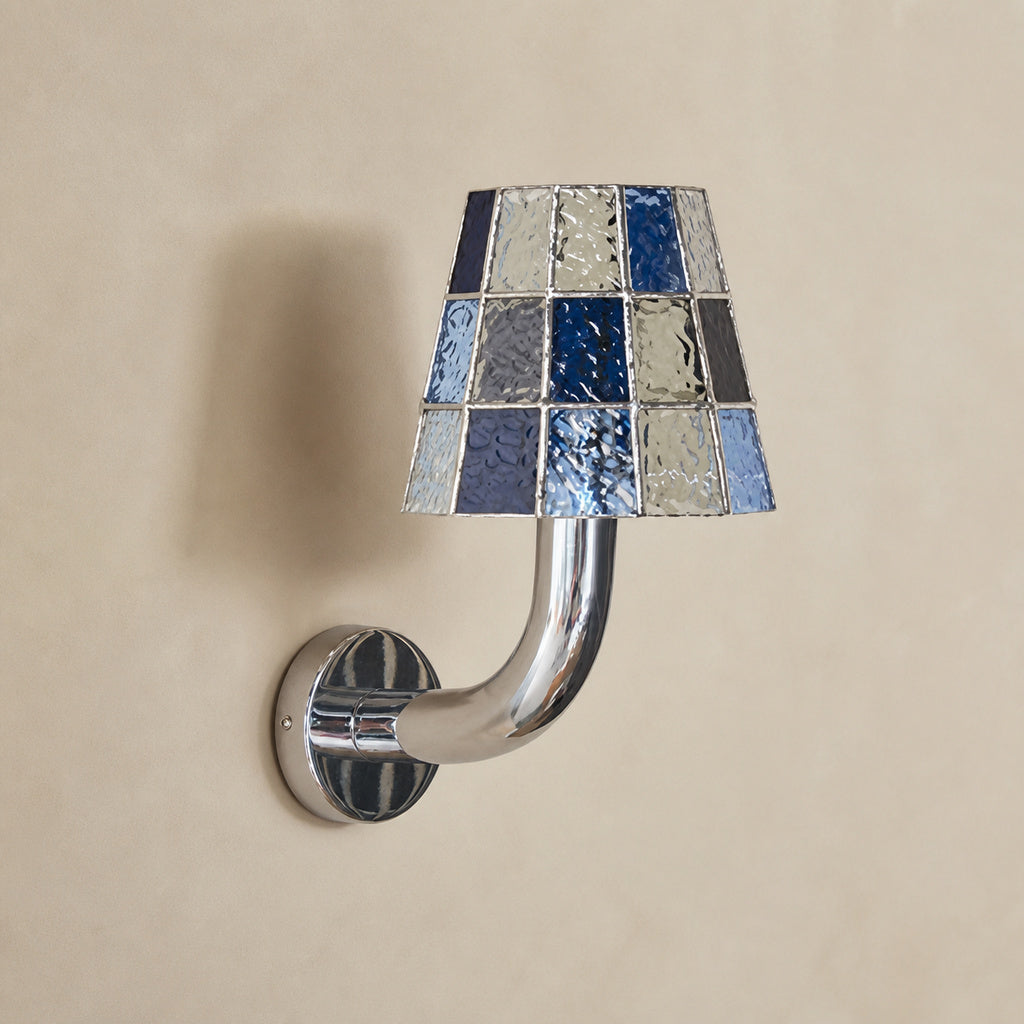 Textured Glass Long-Arm Wall Sconce — blue long-arm product hero installed on a warm neutral wall