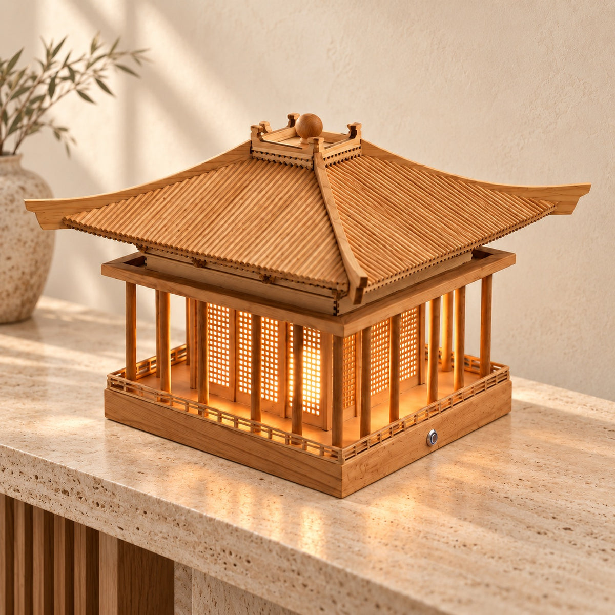 Pavilume natural pine open pavilion rechargeable table lamp in a warm interior