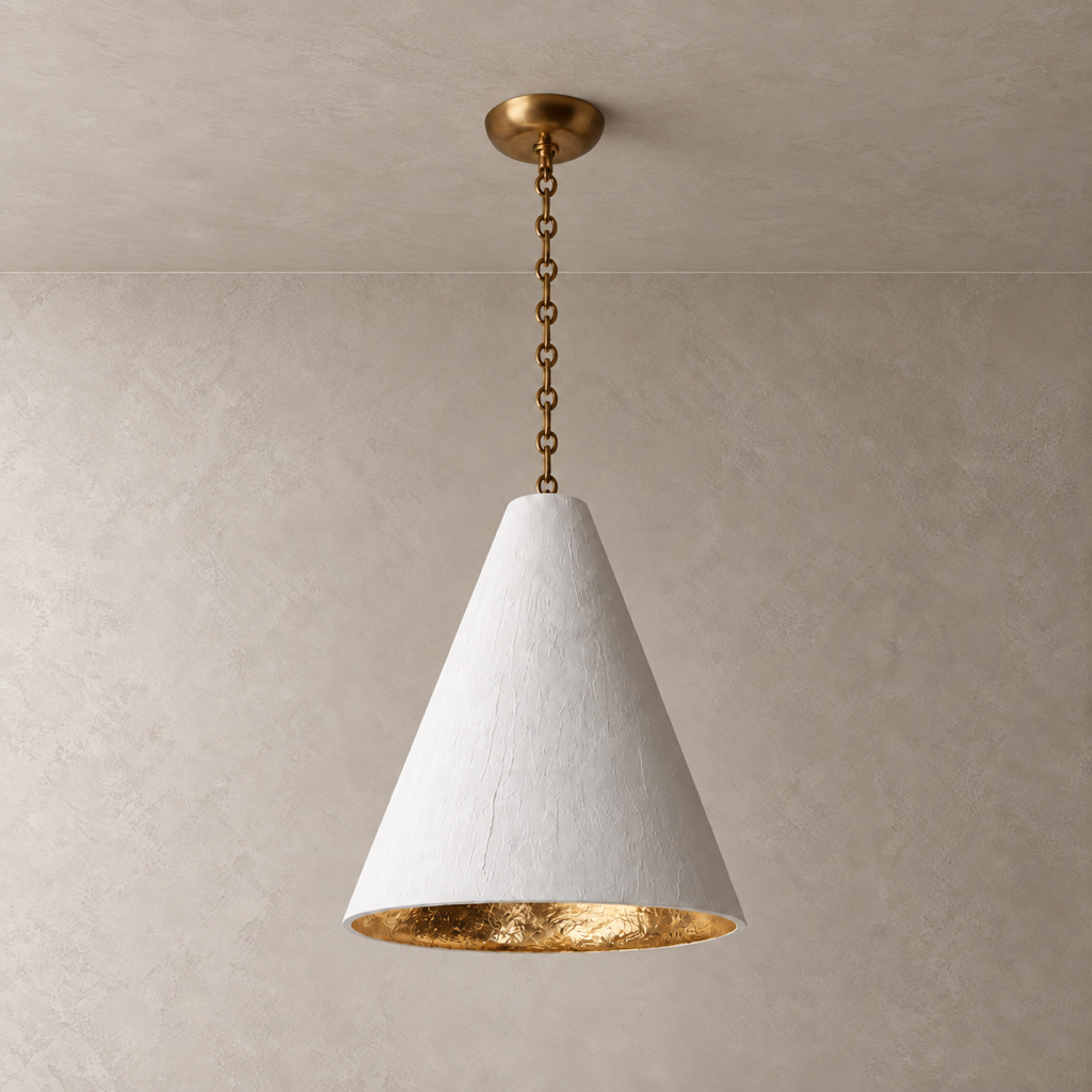 Hand-Textured Plaster Cone Pendant Light — white plaster cone with gold-leaf interior hero
