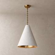 Hand-Textured Plaster Cone Pendant Light — white plaster cone with gold-leaf interior hero