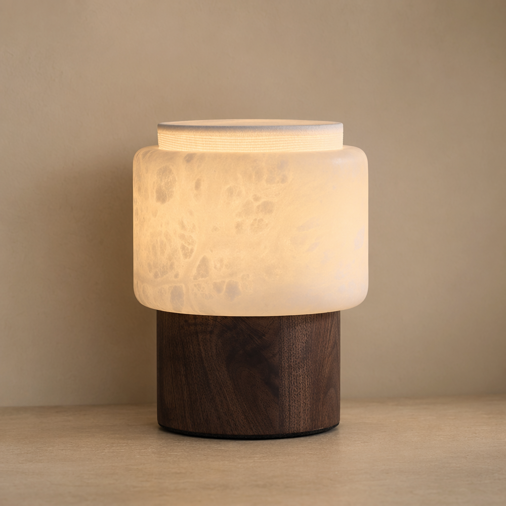 Modern Alabaster Wood Cylinder Table Lamp - 01 01-hero-product