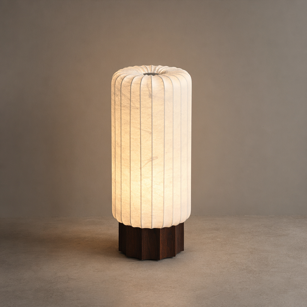 Modern Mulberry Silk Cylinder Table and Floor Lamp with Walnut Wood-Grain Base - product image 01