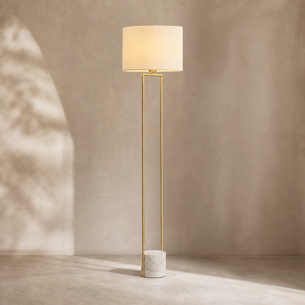Double-Rod Marble Base Floor Lamp in natural brass on a warm neutral background