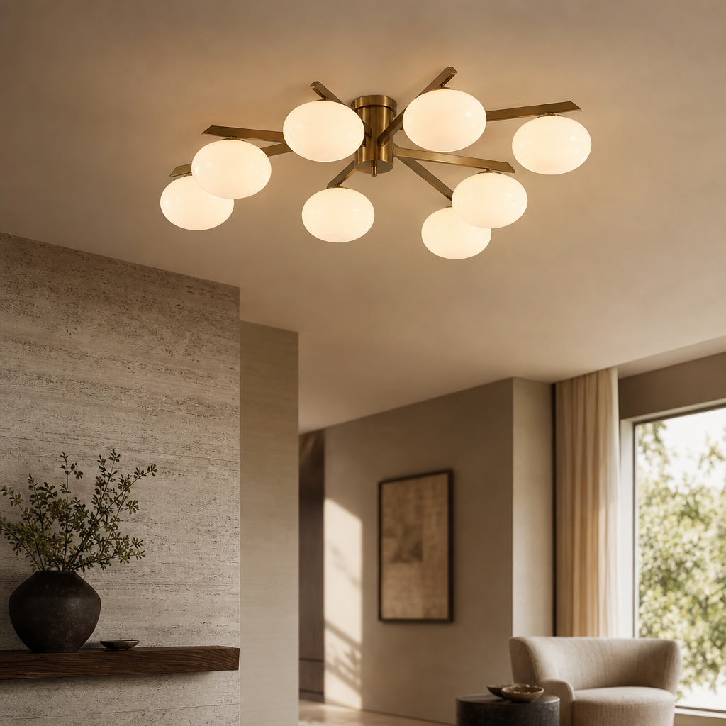 Solid Brass Opal Glass Semi-Flush Ceiling Light product view on a warm neutral background