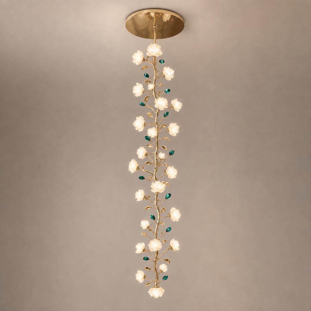 Sylverelle long chandelier – faithful product portrait with flat round canopy