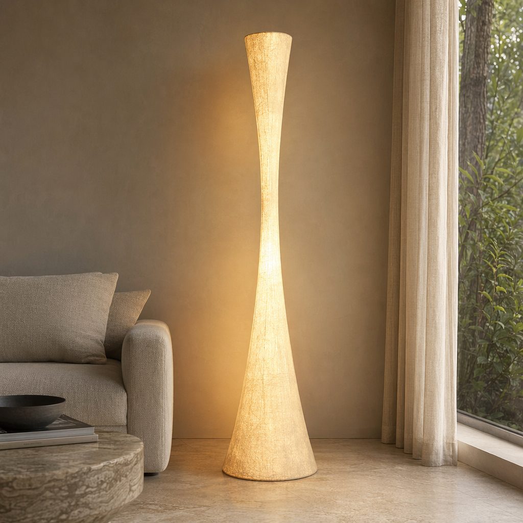 Handmade Mulberry Silk Hourglass Floor Lamp in White - product image 01