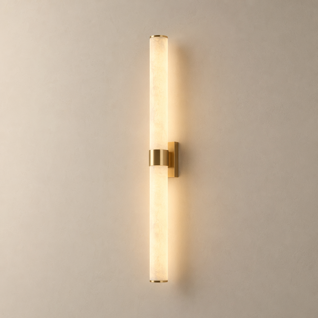 Modern Snowflake Alabaster Cylinder Wall Sconce in Natural Brass - product image 01