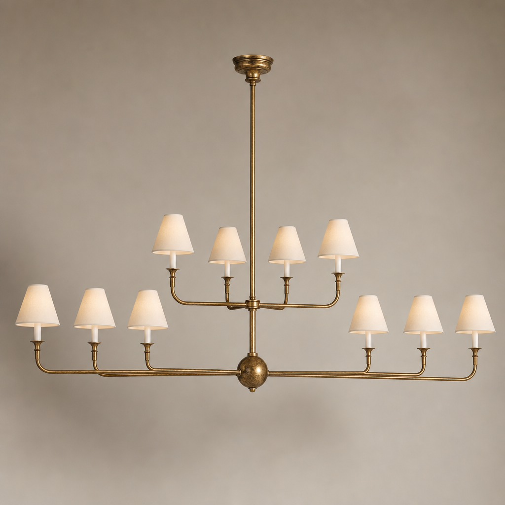 Tiered Brass and Fabric Linear Chandelier product view on a warm neutral background, view 1