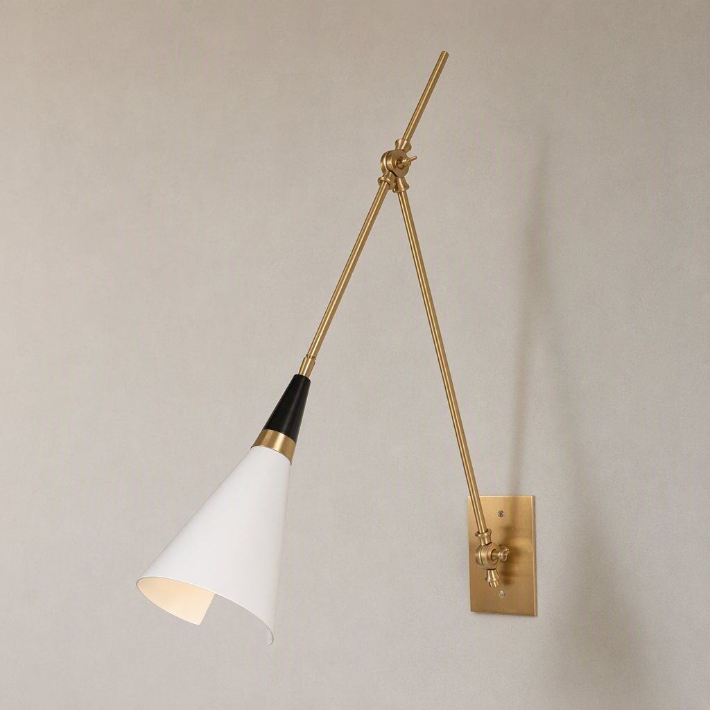 Adjustable Brass Wall Sconce — Long Arm product hero on a warm beige wall