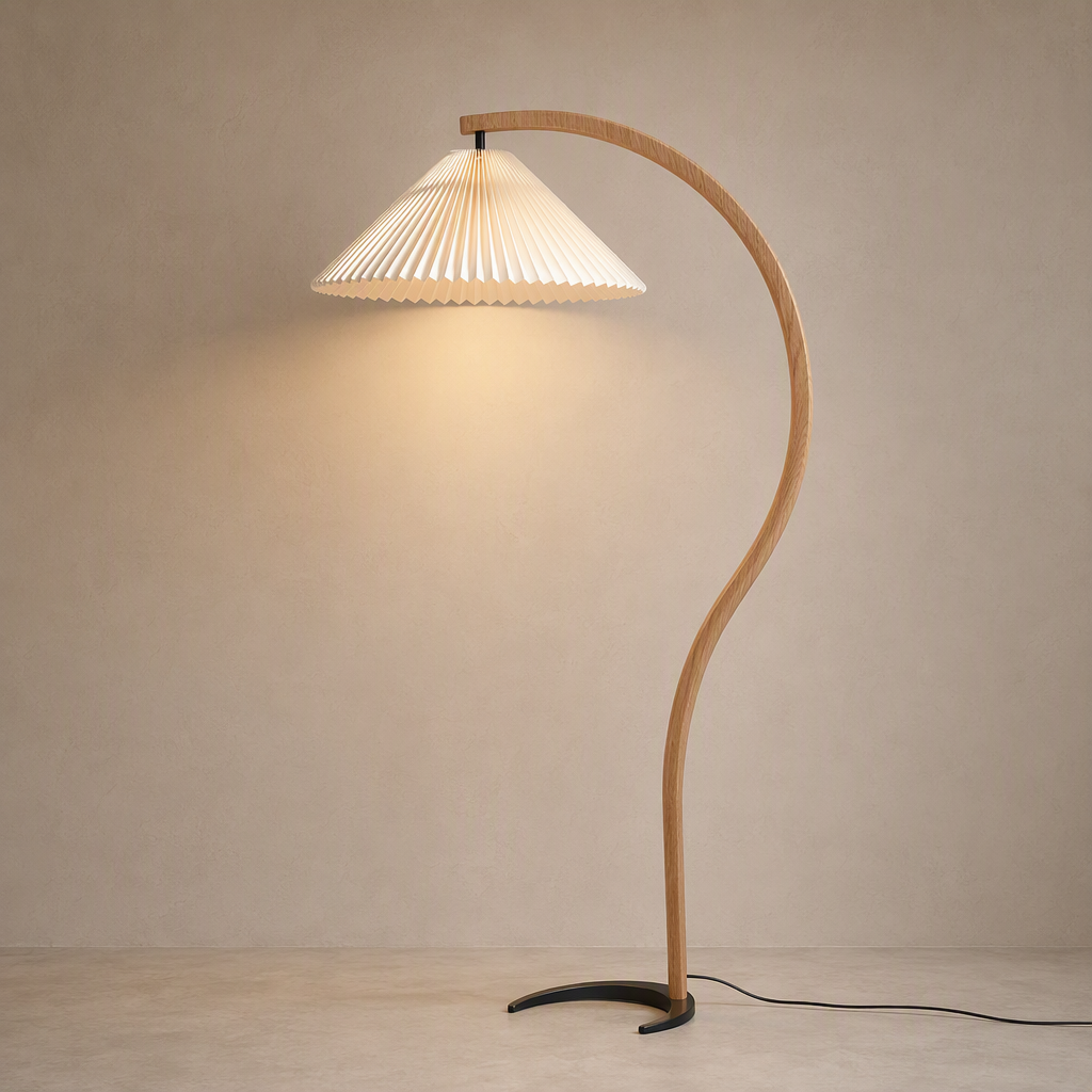 Sculptural Wood Floor Lamp — product hero on a warm beige background