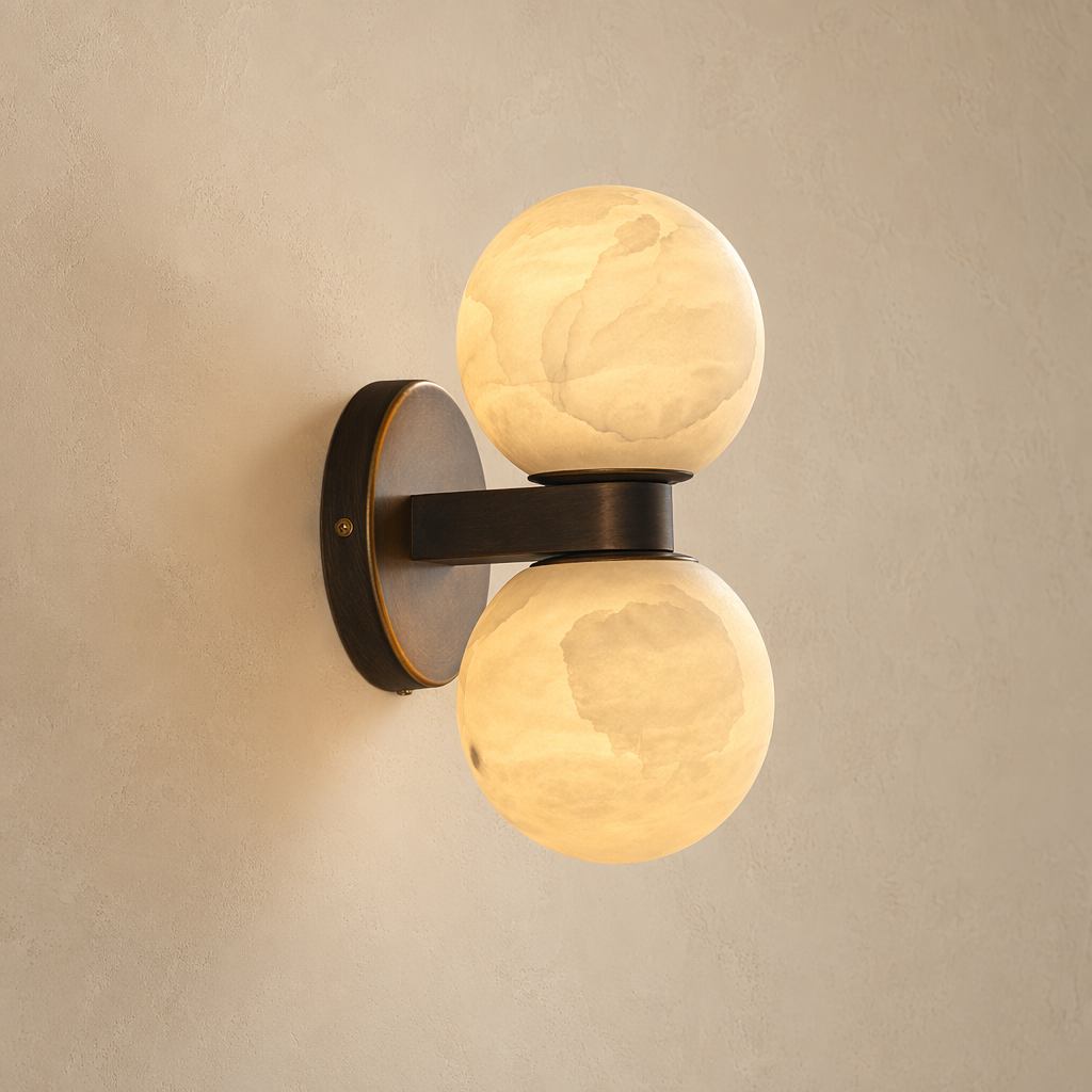 Modern Alabaster Double Globe Wall Sconce in Antique Brass - product image 01