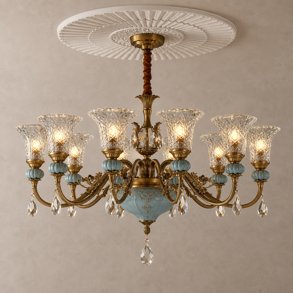 Blue Glazed Ceramic Brass Chandelier hero product
