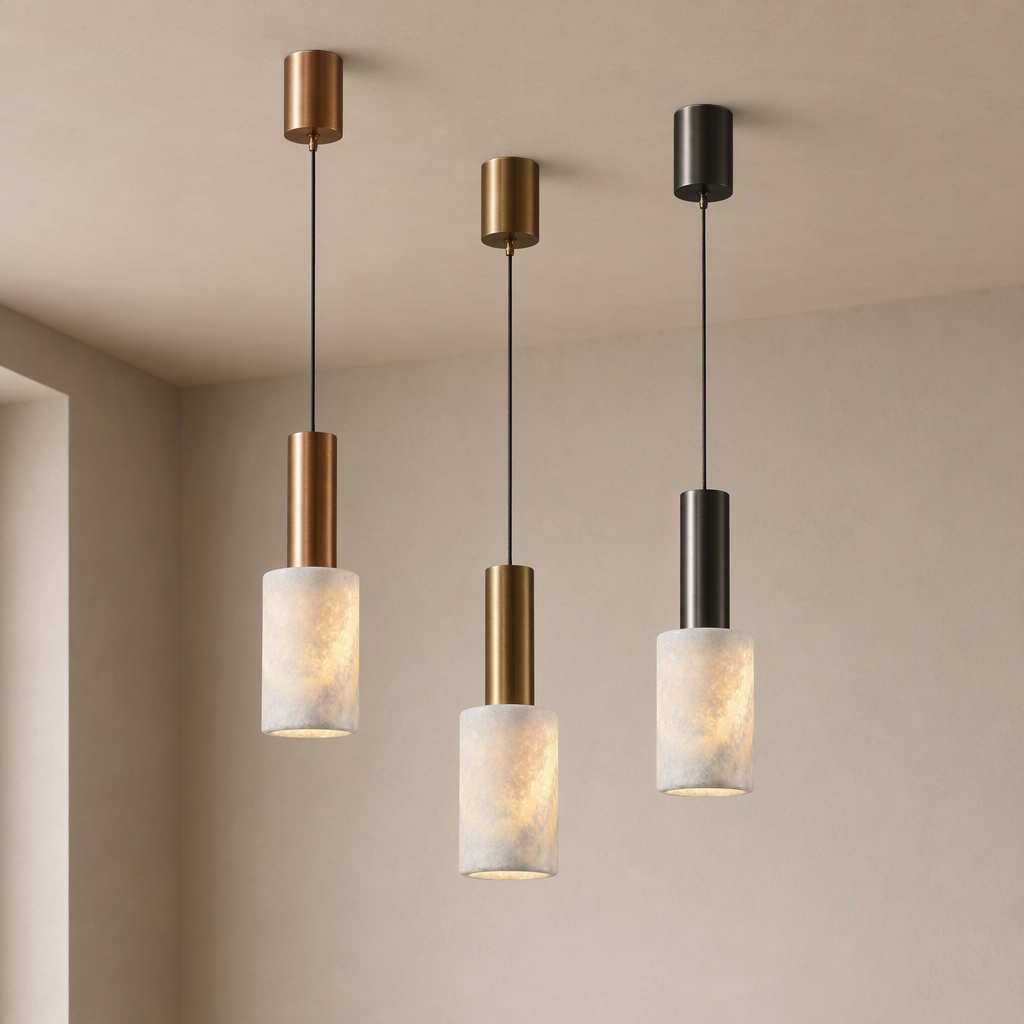 Azurelith Blue Crystal Cylinder Pendant Light in rose gold, champagne gold, and black gold finishes