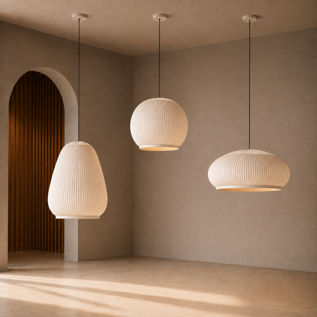 Three ribbed textile pendant lights in tall, rounded and low-wide silhouettes suspended at staggered heights