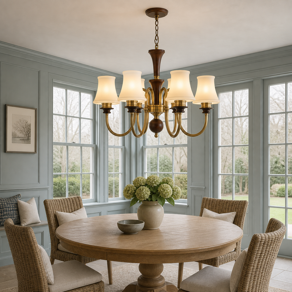 Lit Kingswell six-light chandelier in a pale blue-grey New England sunroom with a flush ceiling canopy