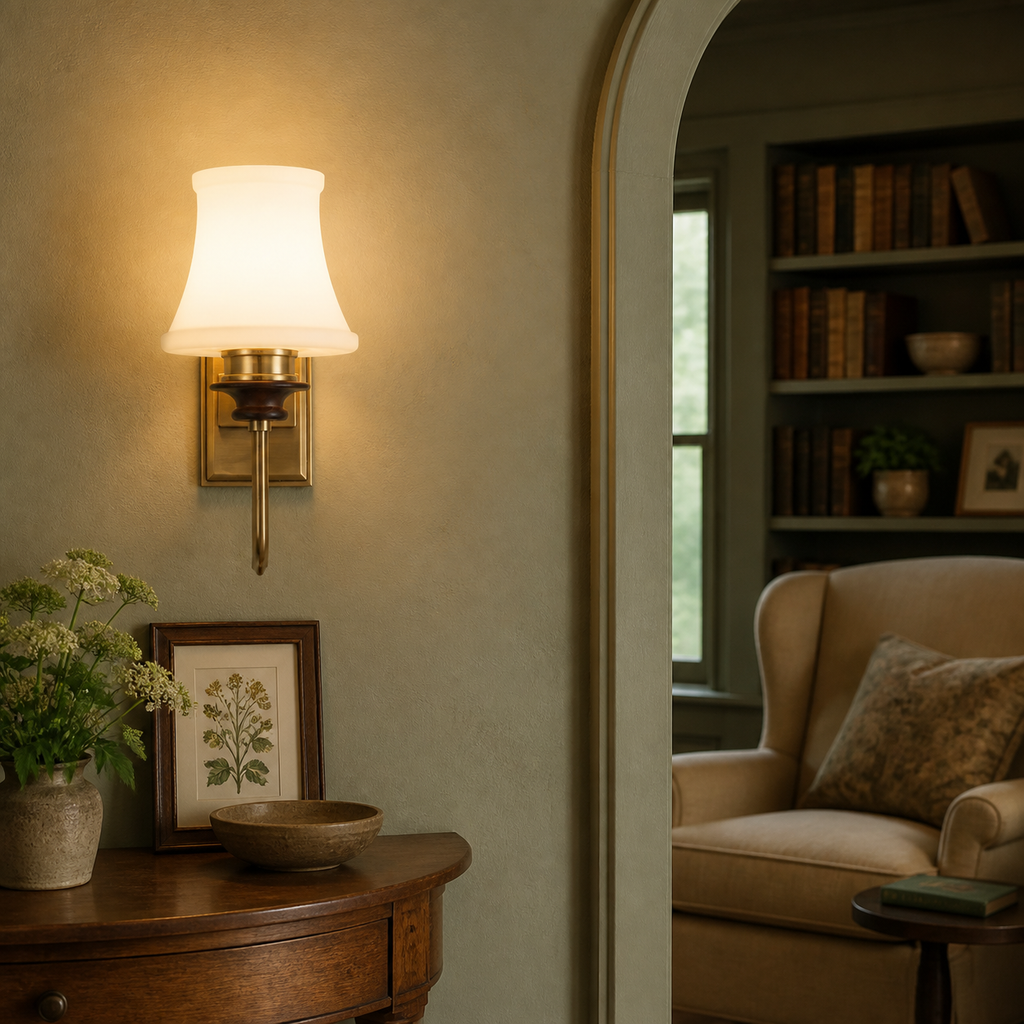 Lit Kingswell opal glass wall sconce mounted flush beside an English country-house reading alcove