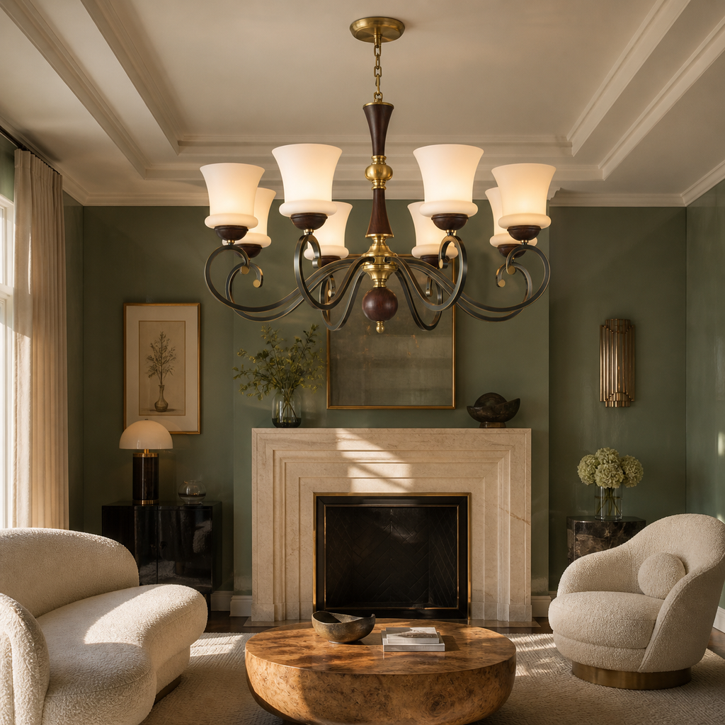 Lit Langford eight-light chandelier centered in a sage Hollywood Regency sitting room with a flush ceiling canopy