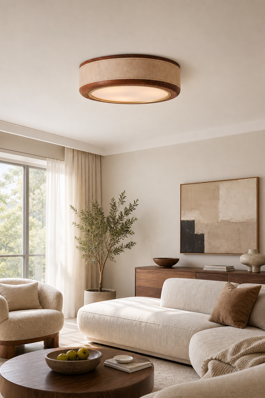 Modern Handmade Leather & Wood Ring Ceiling Light