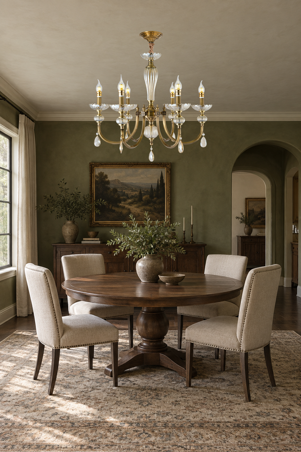 Lucerayne six-light chandelier centered above a round oak table in an olive-green dining room