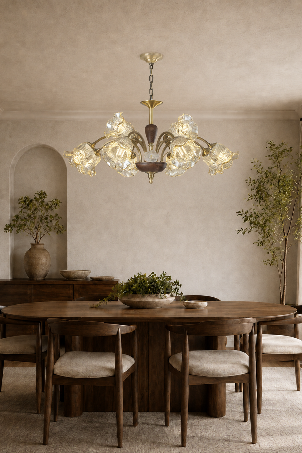 Lyravelle eight-light sculpted flower glass chandelier centered above a walnut dining table