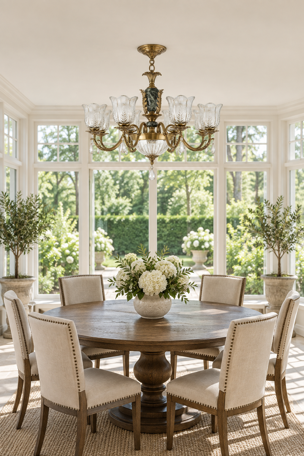 Marmavelle six-light chandelier switched off above a round oak table in a bright garden conservatory