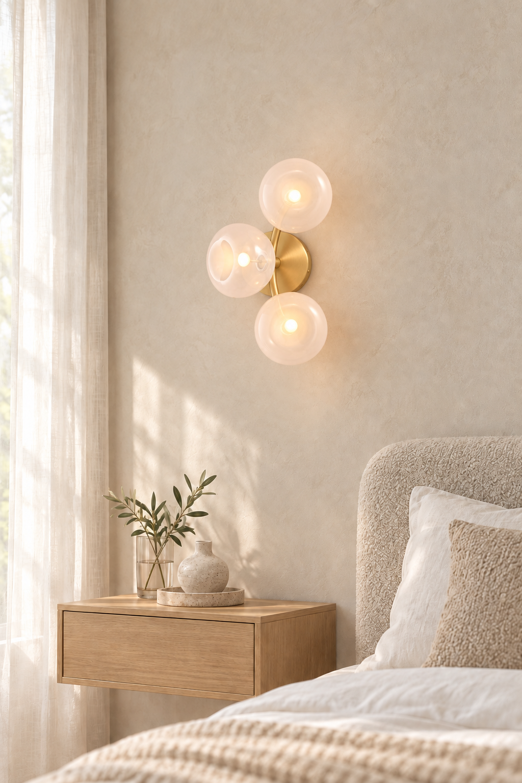 Modern Glass Globe Branch Wall Sconce in Natural Brass - 3-shade blush glass sconce in warm modern bedroom