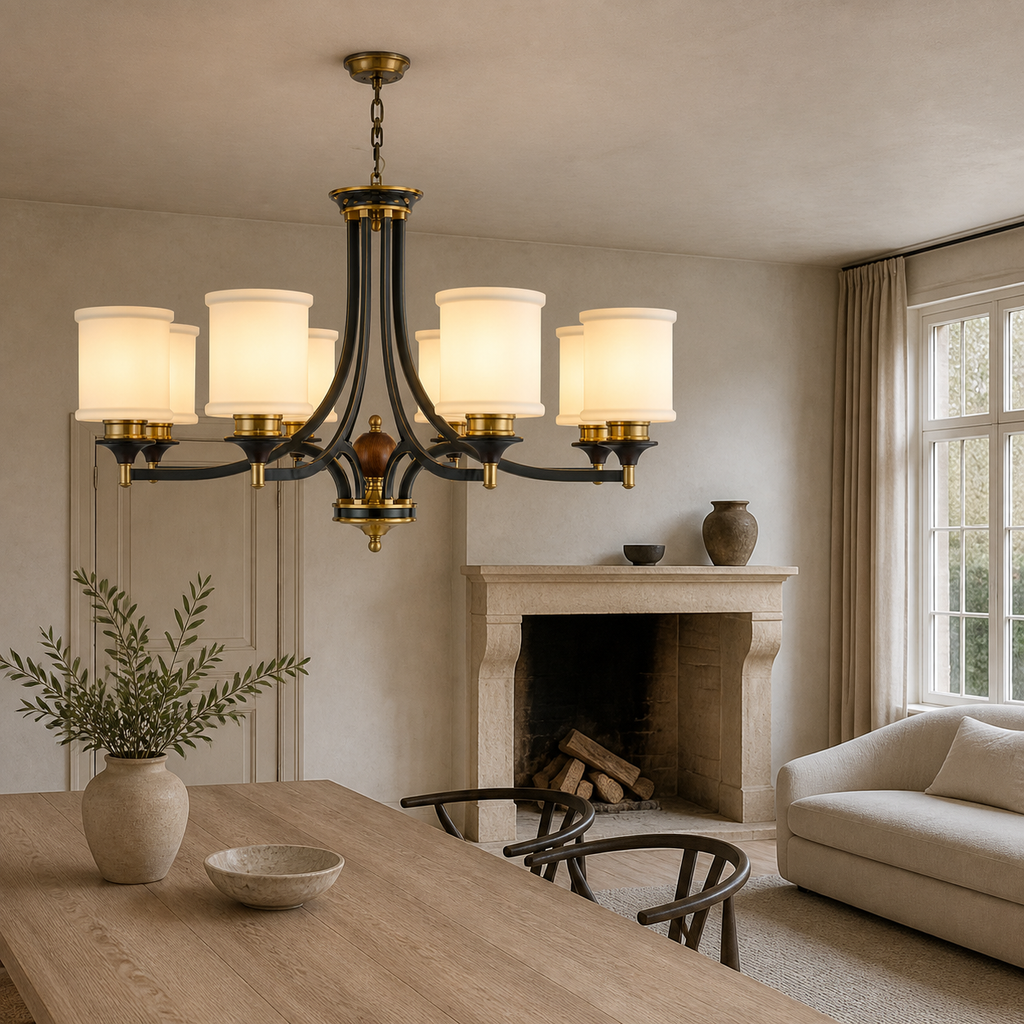 Lit Montclair eight-light chandelier in a calm Belgian-modern room with a flush ceiling canopy