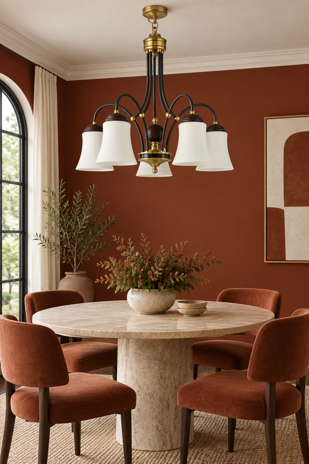 Mornvale five-light chandelier centered above a round dining table in a rust-red contemporary room, fixture off