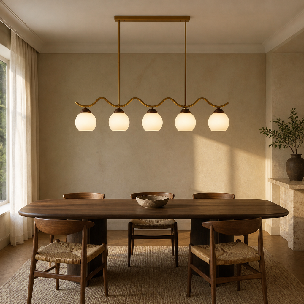 Lit Ondervale five-light linear chandelier centered above a walnut dining table with its canopy flush to the ceiling