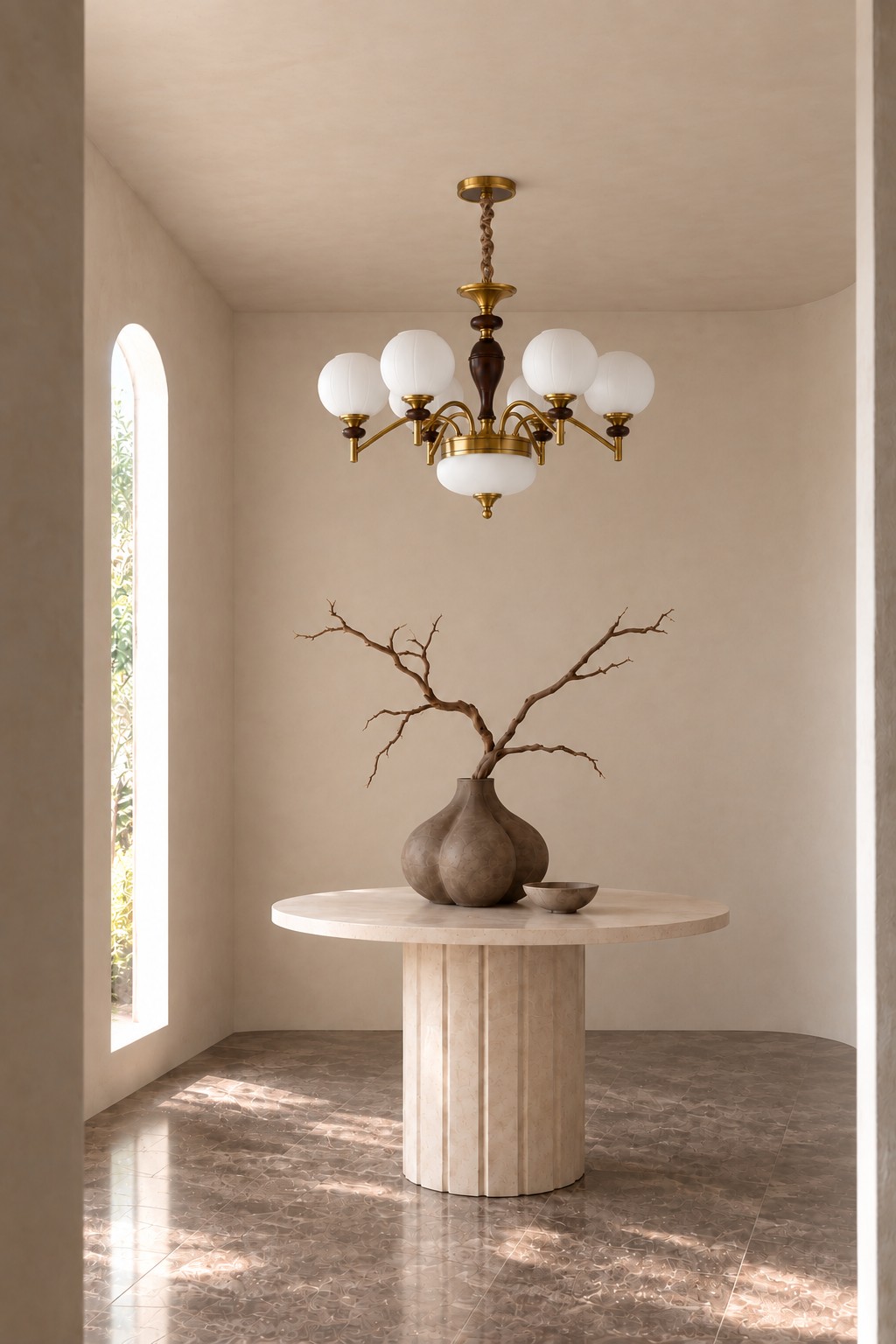 Orbemere five-light chandelier centered over a round stone table in a cream clay gallery with the fixture off