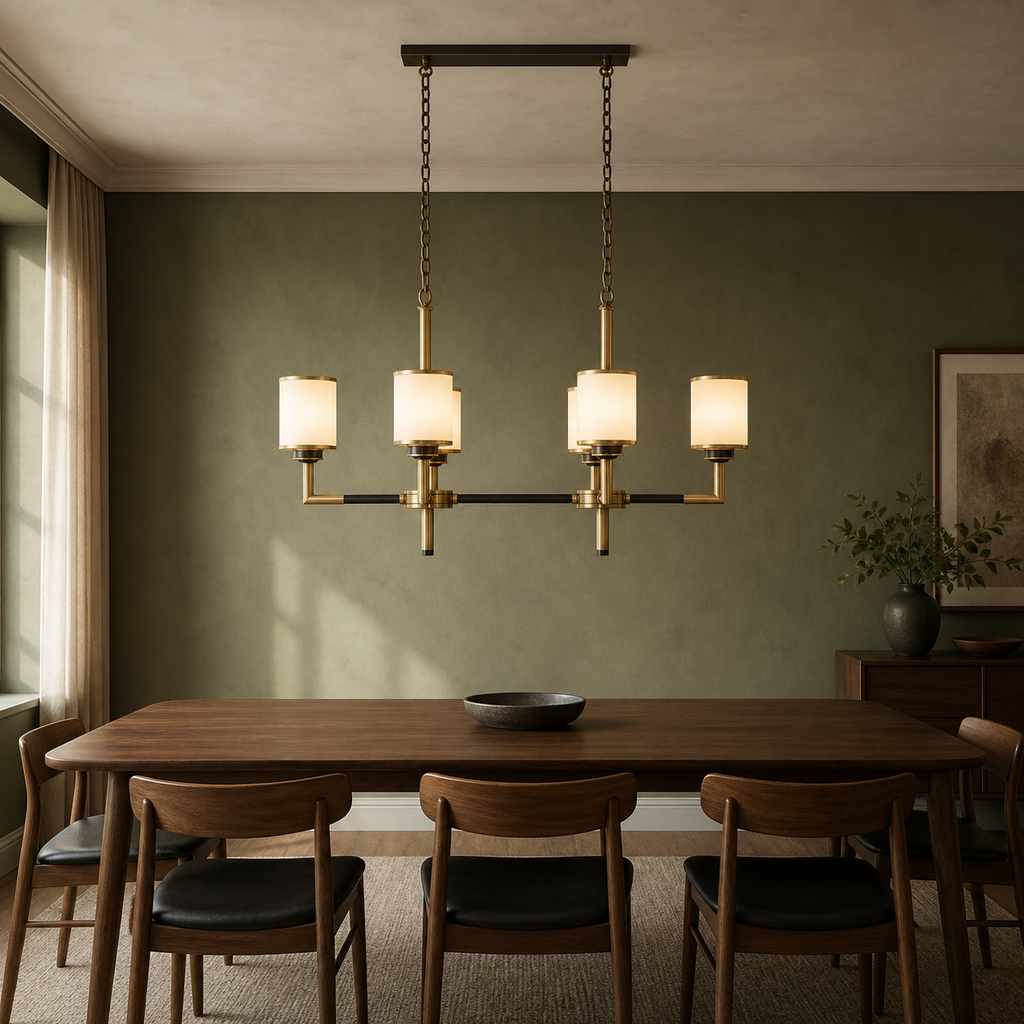 Orseline six-light linear chandelier centered above a walnut table with a flush ceiling canopy