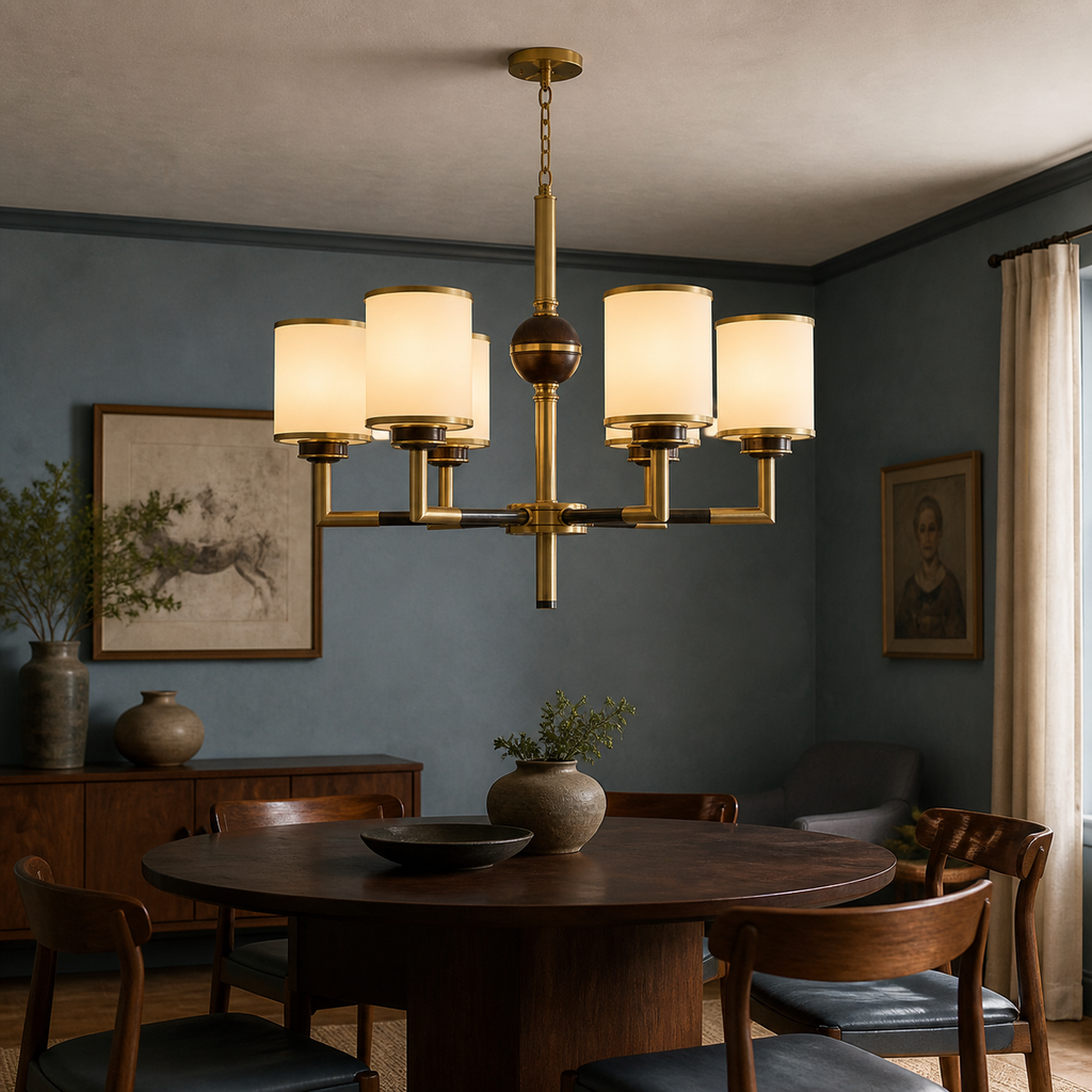 Orseline six-light chandelier centered in a mineral-blue dining room with a flush ceiling canopy