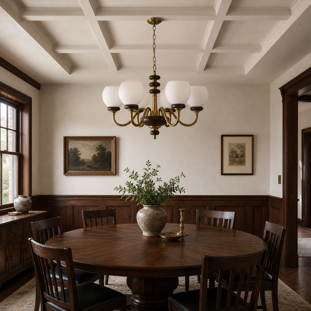 Unlit Ravenelle six-light chandelier centered above a walnut dining table with canopy flush to the coffered ceiling