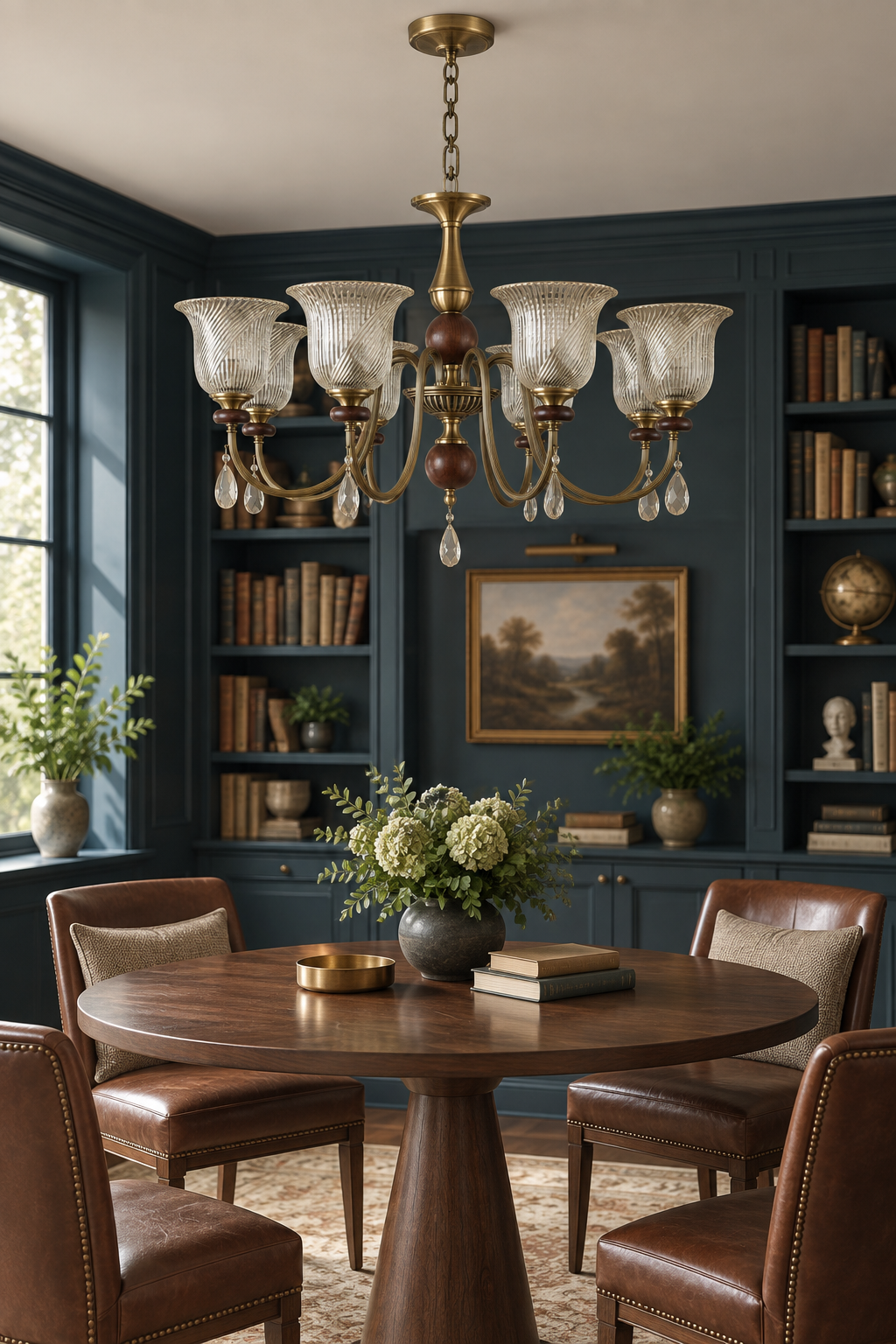 Rillavine eight-light chandelier centered above a round walnut table in a petrol-blue library salon, fixture off