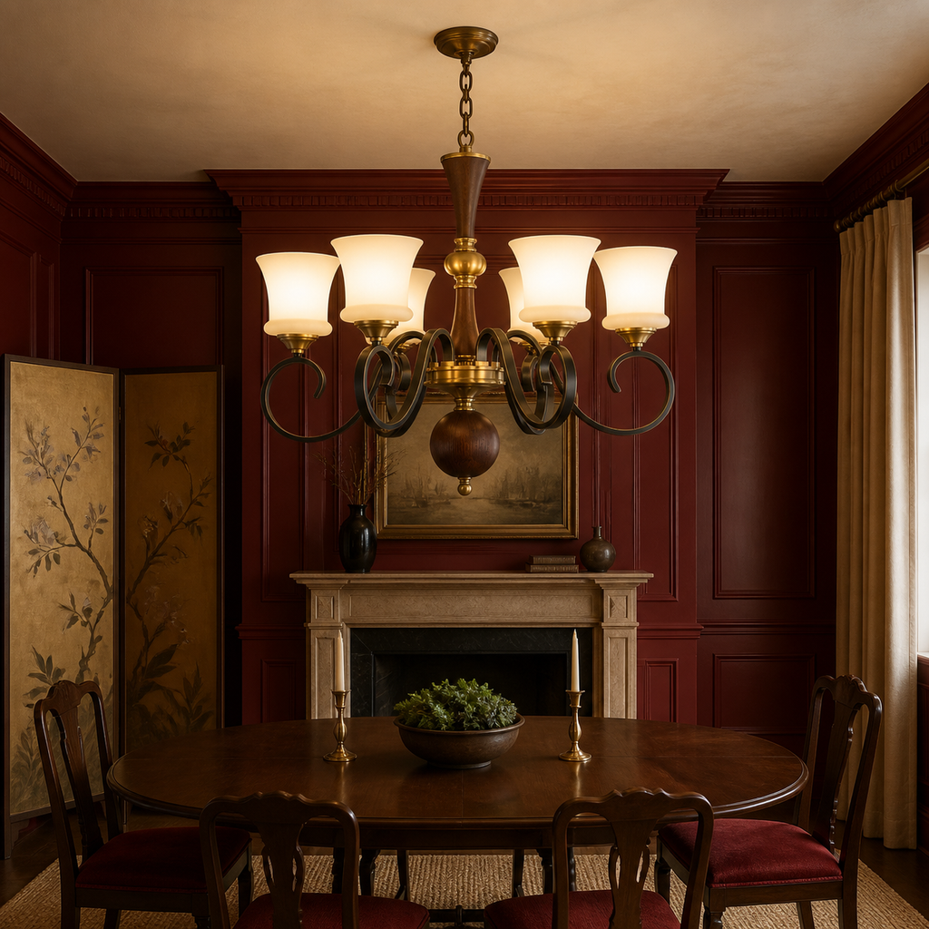 Lit Rosethorne six-light chandelier centered in an oxblood Georgian dining room with a flush ceiling canopy
