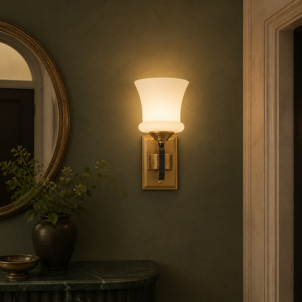 Lit Rosethorne wall sconce mounted flush in a deep sage 1930s vestibule