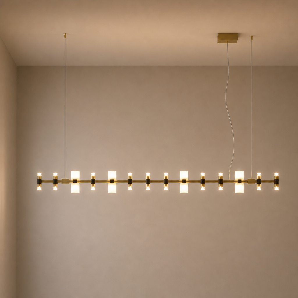 Royal linear brushed copper LED pendant fully connected to a solid ceiling