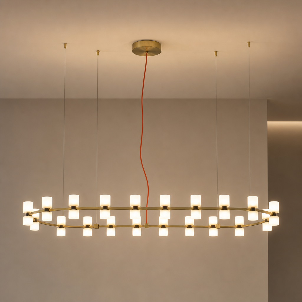 Royal oval brushed copper LED chandelier fully suspended from a solid ceiling