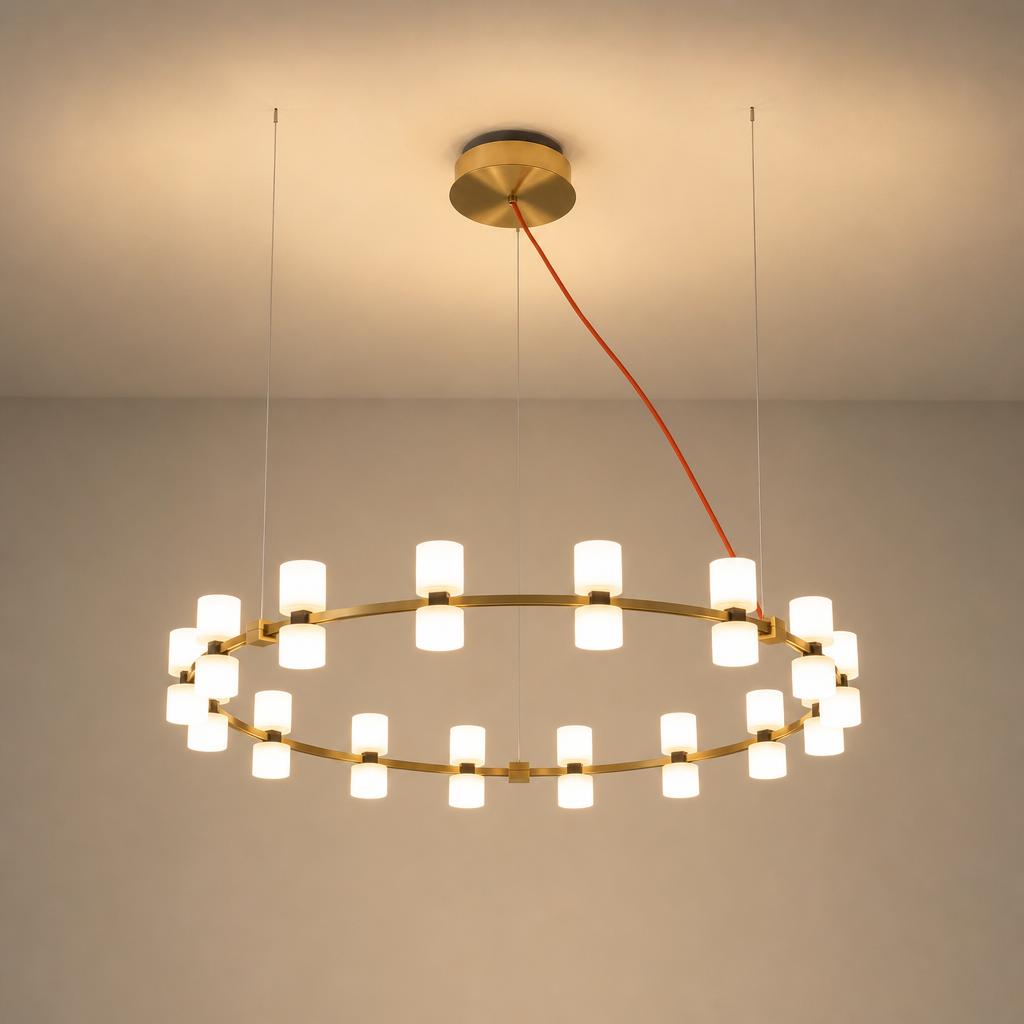 Royal 80 cm brushed copper ring LED chandelier fully suspended from a solid ceiling