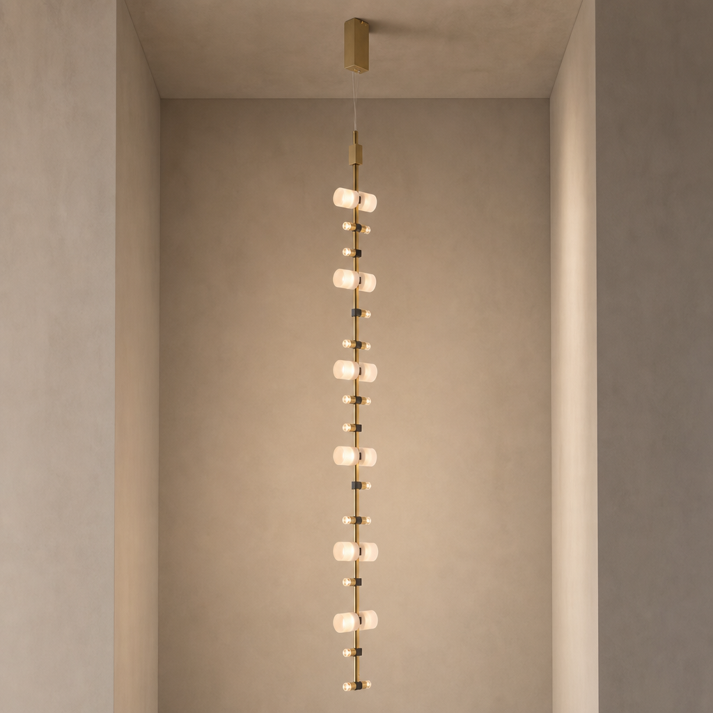 Royal vertical brushed copper LED pendant fully suspended from a solid ceiling