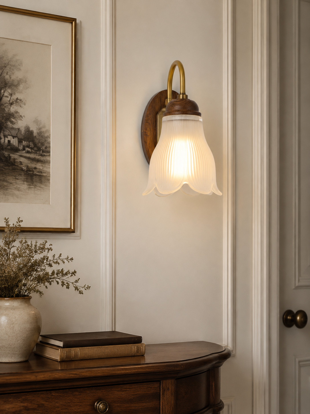 Cloveraine Fluted Petal Glass Wall Sconce proportionally scaled interior scene 1