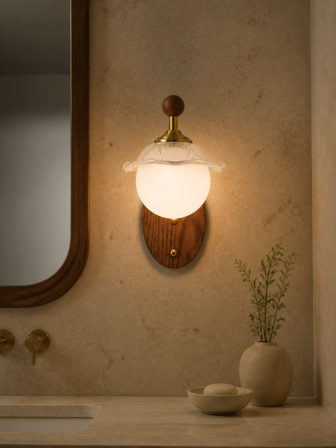Mirelune Opal Globe and Ash Wood Wall Sconce proportionally scaled interior scene 1