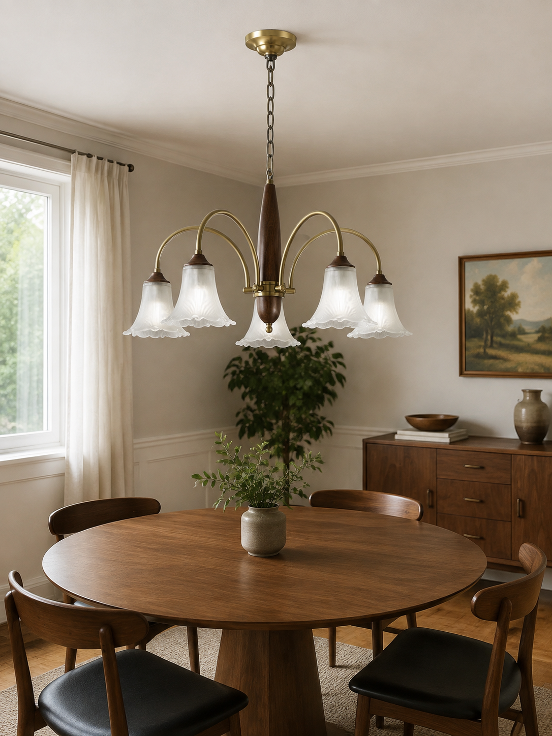 Elorayne Ruffled Glass and Ash Wood Chandelier proportionally scaled interior scene 1