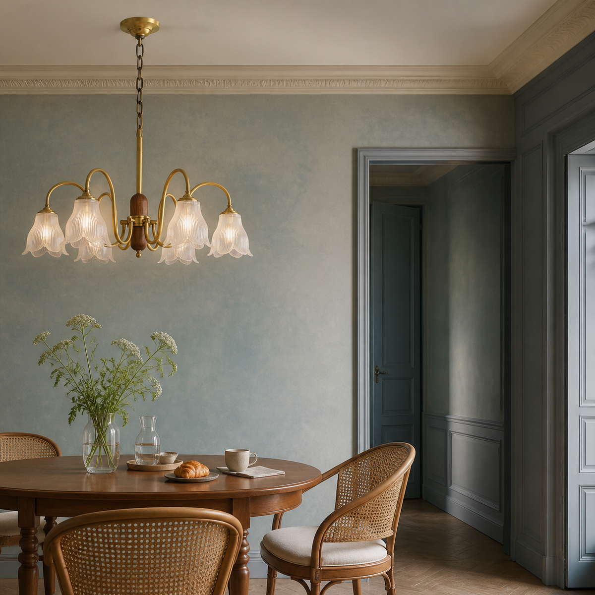 Six-light ribbed bell glass and walnut chandelier on the left in a mineral-blue breakfast room