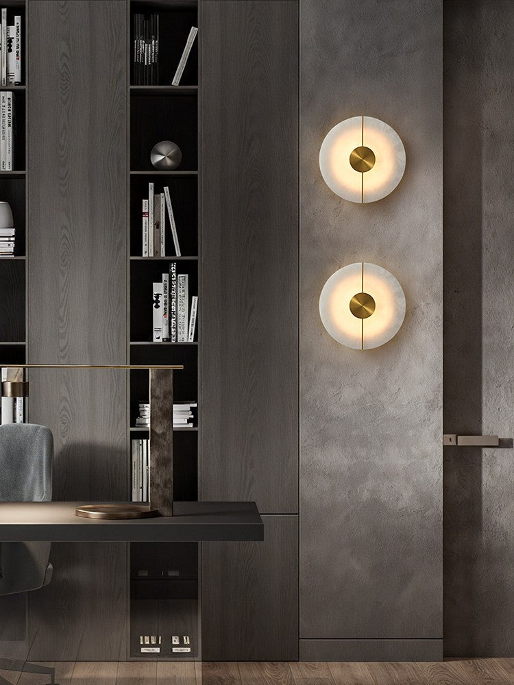Modern Snowflake Alabaster Round Wall Sconce in Natural Brass - 01 01-scene-bedroom