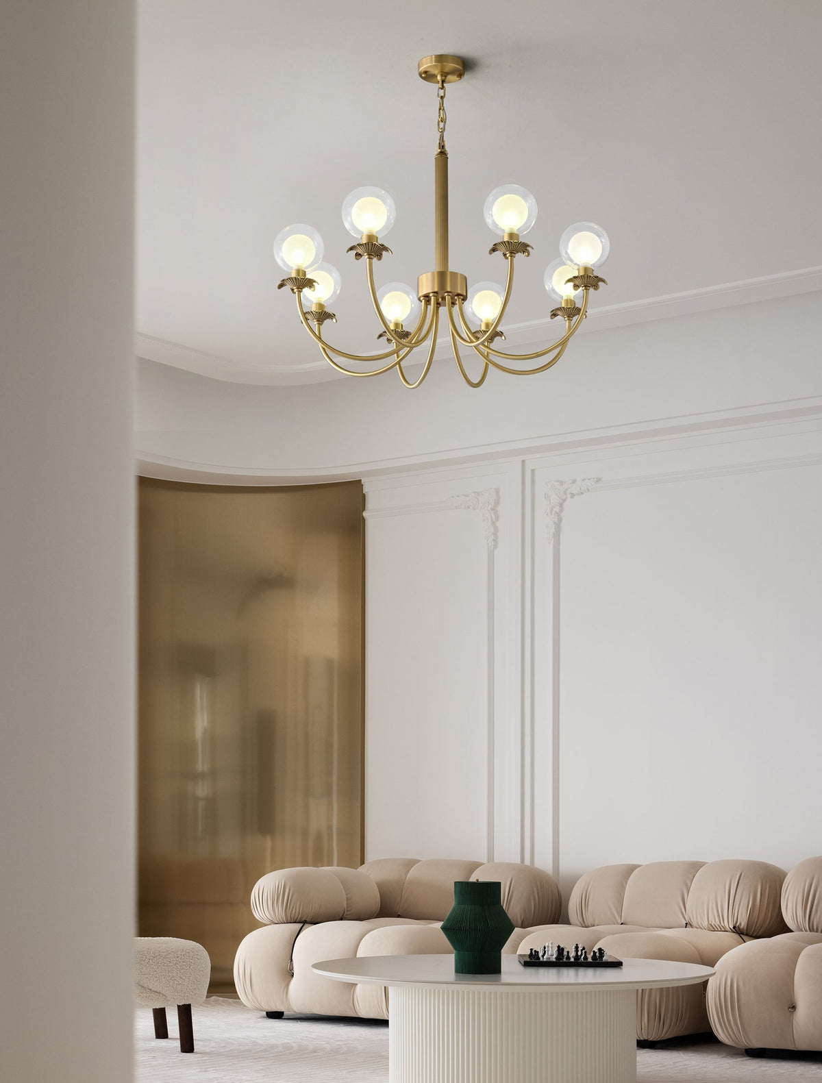 Modern Brass Glass Globe Chandelier - 01 01-scene-brass-glass-globe-chandelier-living-room