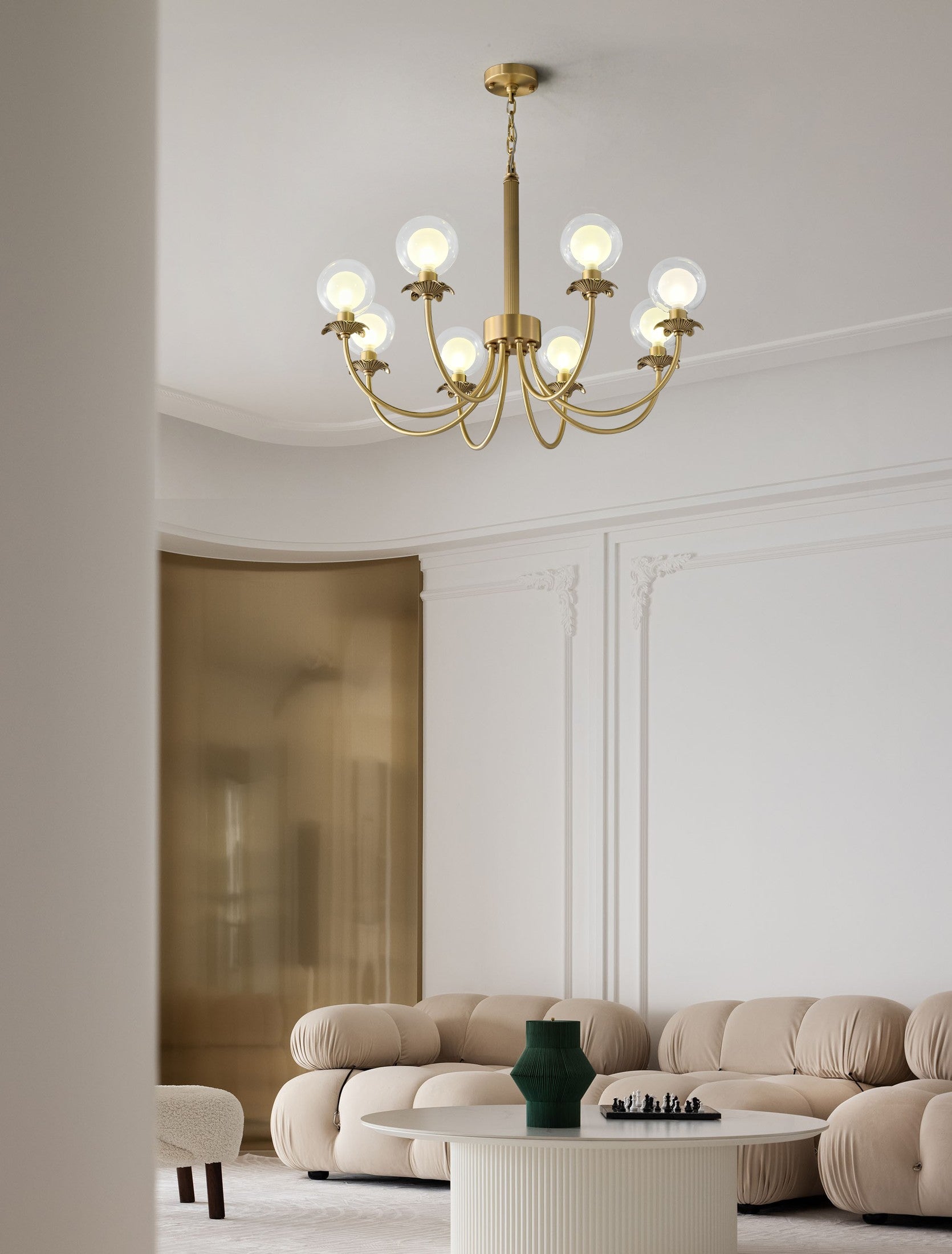 Modern Brass Glass Globe Chandelier - 01 01-scene-brass-glass-globe-chandelier-living-room