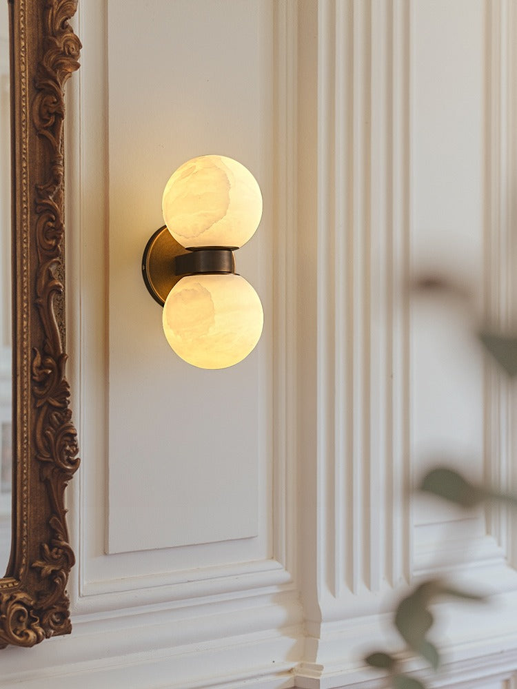 Modern Alabaster Double Globe Wall Sconce in Antique Brass - 01 01-scene-entryway